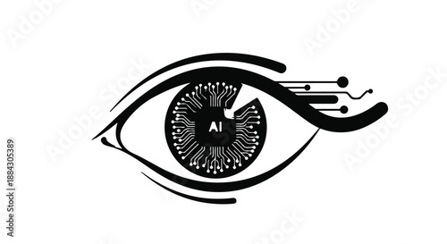Close-up of futuristic eye with AI circuit iris, technology and artificial intelligence concept, robotic vision, cybernetic eye, digital illustration