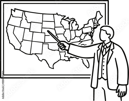 Historian teacher pointing at a map of the United States for geography and American history education concepts in minimalist line art style