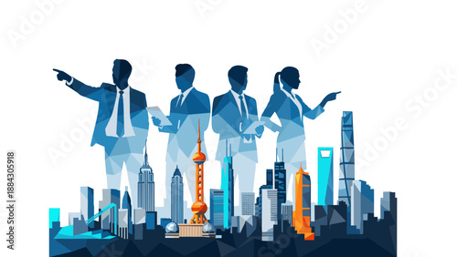 Business team silhouettes with geometric cityscape background in blue and orange
