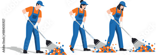 Professional cleaning service team in blue overalls and orange shirts sweeping debris, maintenance crew working together, janitorial staff, flat illustration.