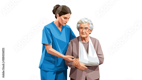 Geometric style nurse assisting elderly woman with arm sling