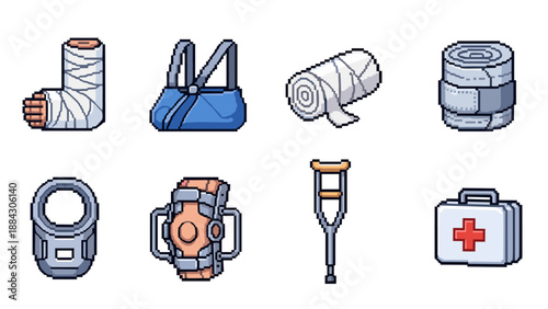 Pixel art medical equipment: bandages, crutches, and first aid essentials