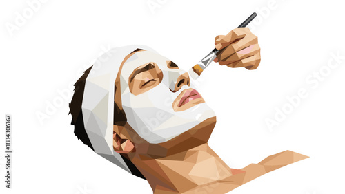Low poly portrait of person receiving facial treatment with relaxing mask application