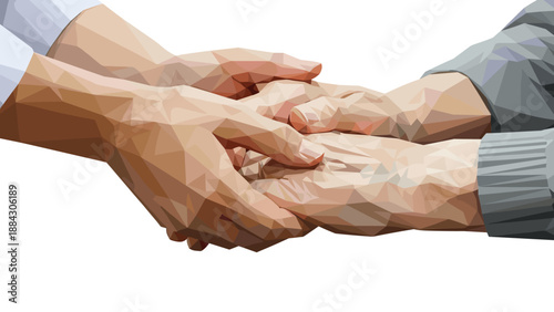 Geometric low poly art of compassionate hand holding in supportive unity