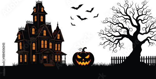 Spooky Halloween haunted house illustration with glowing windows, jack o lantern pumpkin, bats flying, eerie dead tree, and graveyard fence, vector.
