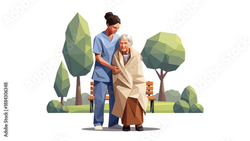Geometric caregiver scene: nurse assisting elderly in park with low poly art style