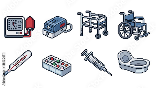 Retro pixel art medical equipment set featuring thermometer, syringe, and wheelchair