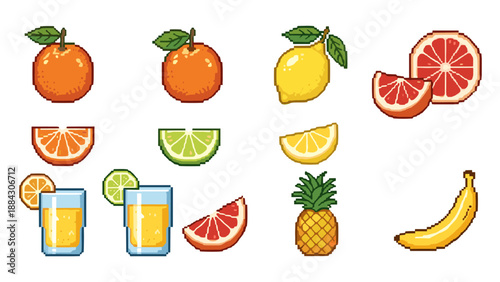 Retro pixel art fruits and juices collection in vibrant colors