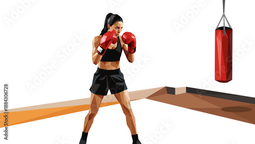 Geometric art of female boxer training with punching bag