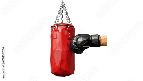 Geometric red punching bag with gloved hand on chain