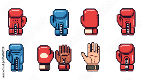 Pixel art boxing gloves and open hands collection