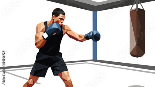 Geometric boxer training with a punching bag in modern gym setting
