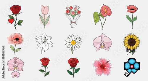 A collection of various colorful and detailed illustrations of different types of flowers, including roses, tulips, lilies, sunflowers, and more, presented in a grid format.