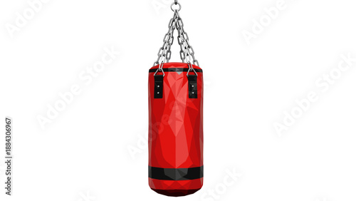 Geometric red punching bag suspended on metal chains for boxing training