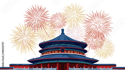 Vibrant fireworks over traditional chinese pagoda during festive celebration