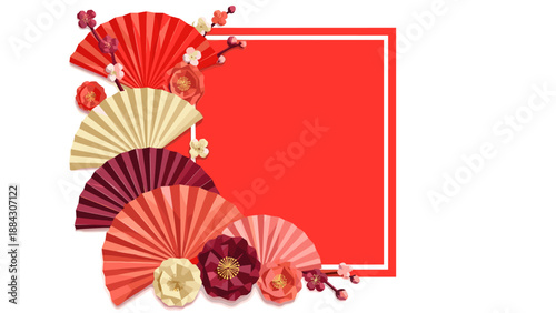 Decorative red and gold floral fans on geometric background for festive design