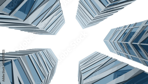 Modern geometric skyscrapers reaching into a clear sky