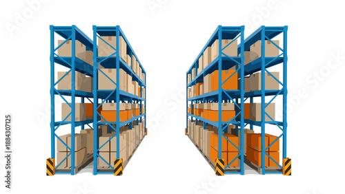 Warehouse storage racks with cardboard boxes on metal shelves