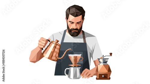 Geometric style barista preparing coffee with precision and artistry