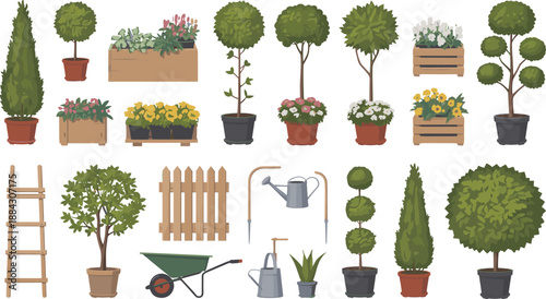 Hand drawn garden elements collection with potted plants, trees, flowers, tools, fences, decorative nature objects, botanical illustration set