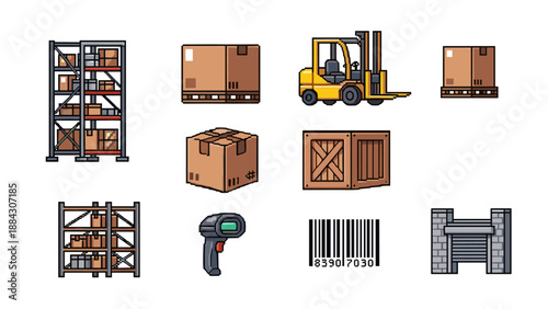 Pixel art warehouse elements: forklift, pallets, boxes, barcodes, and racks