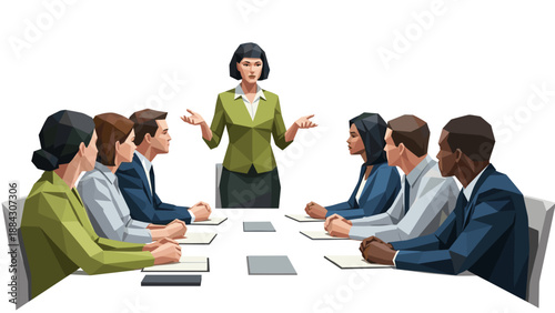 Diverse team meeting with leader in low poly art style