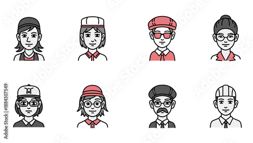 Diverse characters in hat and glasses collection with outline style