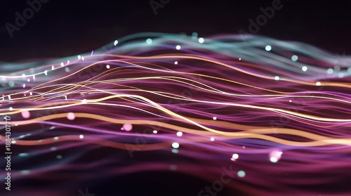 Flowing data streams move horizontally in a soft abstract landscape view with digital waves