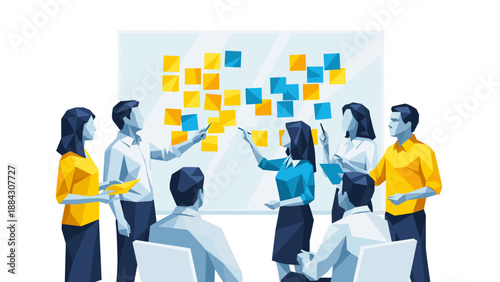 Team collaboration in low poly style with sticky note brainstorming