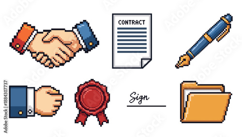 Pixel art business icons set featuring contract signing and handshake