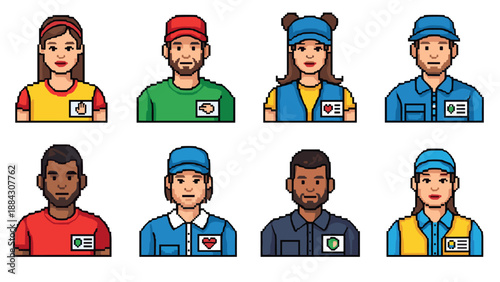 Colorful avatar collection featuring diverse delivery workers in pixel art style