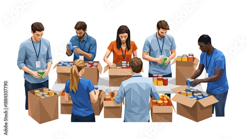 Diverse volunteers packing donations for community support in modern style