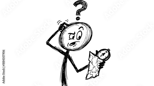 A confused figure holding a map and compass, with a puzzled expression on his face, is lost.   