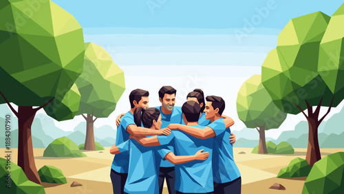 Team building outdoors: group embracing in low-poly forest scene