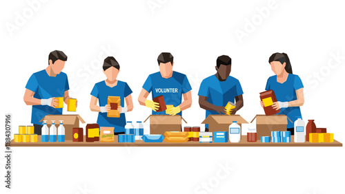 Community volunteers organizing donations in flat design art style