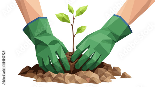 Geometric planting hands with seedling and green gloves in low poly style