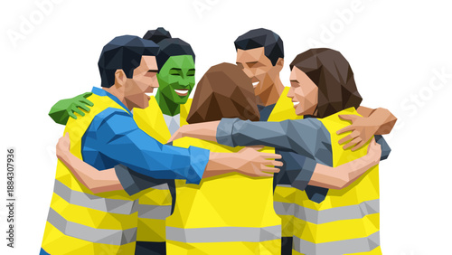 Low poly group embrace with safety vests in geometric design