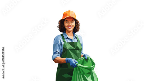 Low poly woman in apron and cap holding green bag