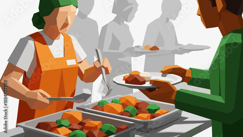 Polygonal art of cafeteria workers serving meals in low poly style