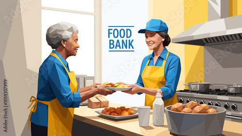 Community support in geometric style: volunteers serving at food bank kitchen