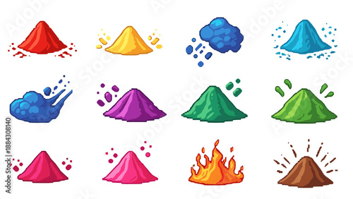 Colorful pixel art volcano collection with various eruptions and colors