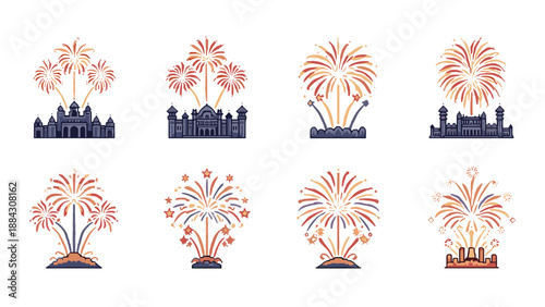 Festive fireworks display over castles and cities in pixel art style