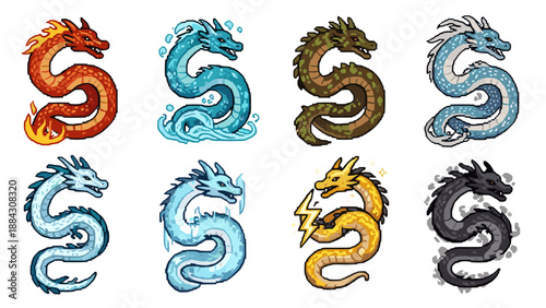 Pixel art colorful dragons: fantasy creatures collection in various elements