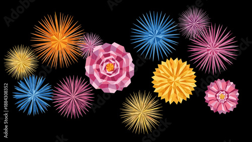 Vibrant geometric flowers on black background in low poly style