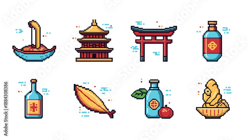 Pixel art asian icons with noodles, sake, pagoda, torii, and koi elements