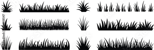 Grass silhouette set with meadow plants and lawn borders, black vector collection for landscape design, nature backgrounds, garden decoration, eco graphics, seamless elements