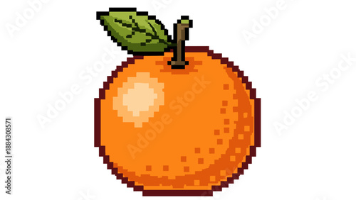 Pixel art orange with leaf on white background