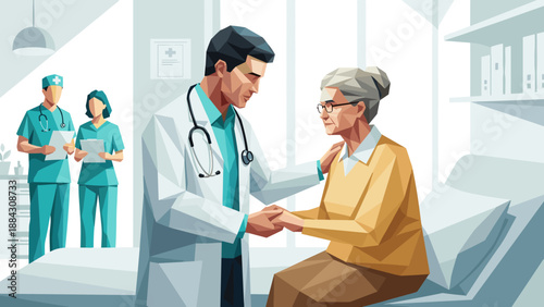 Low poly doctor comforting elderly patient in hospital setting with medical staff