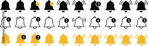 Notification bell icon set showing alerts, messages, reminders, ringing states, unread badges, flat vector symbols for mobile apps, user interface design, web UI, isolated on white background