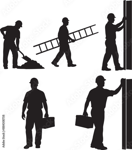 Minimalist Silhouette Vector Set of Workers in Various Professions and Tasks